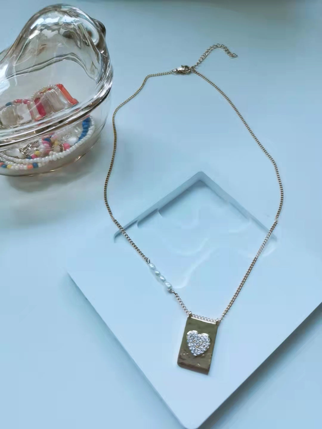 Gold Heart Tag Pearl Necklace