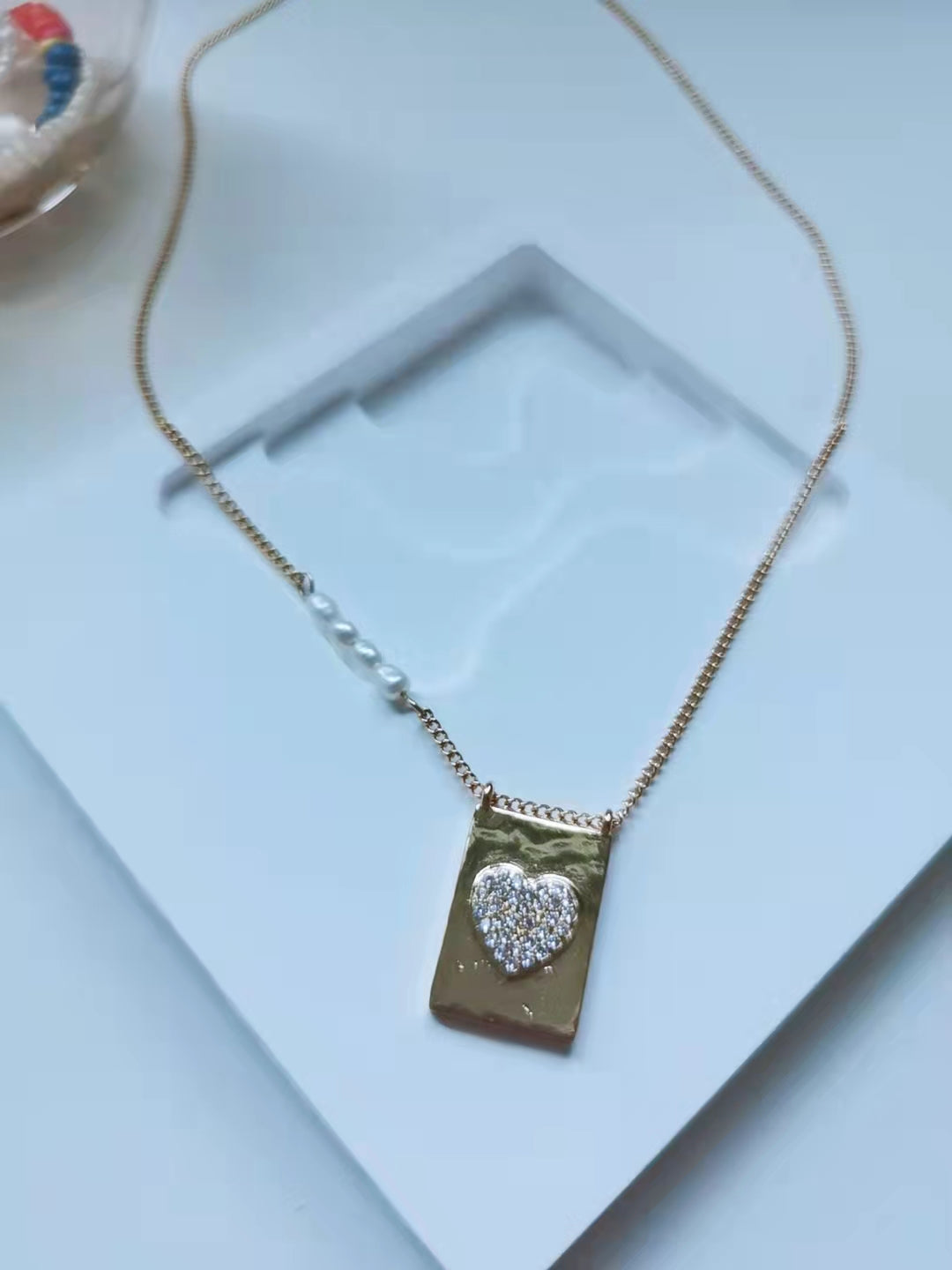 Gold Heart Tag Pearl Necklace