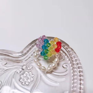 Handmade Color Bead Heart & Pearl Ring