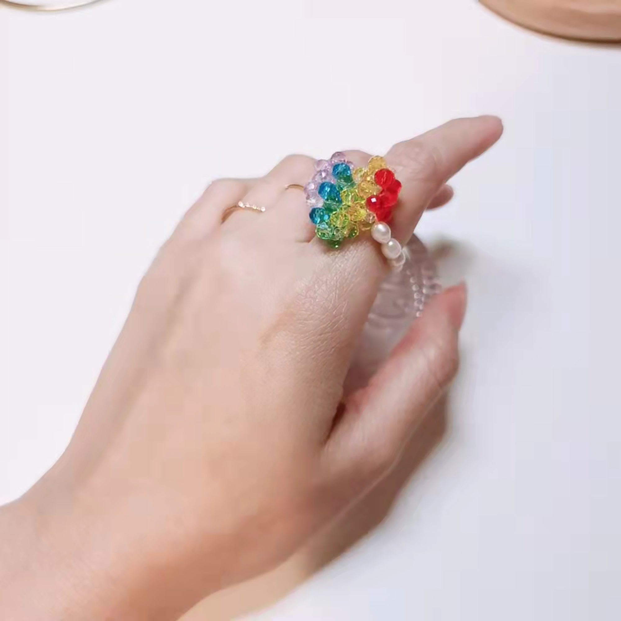 Handmade Color Bead Heart & Pearl Ring